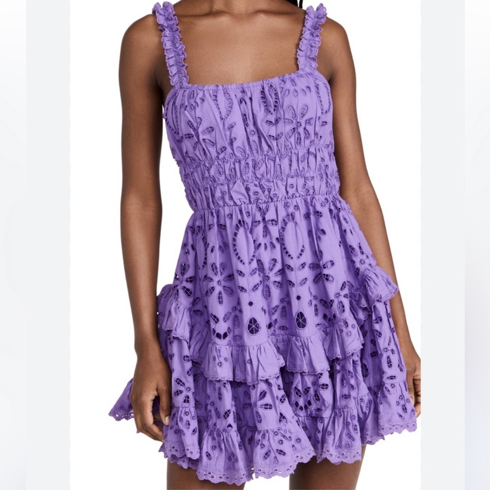 $380 Rococo sand moss mini dress layered tiered purple ruffles